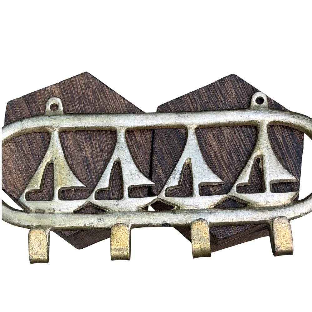 Key Hanger Wall Hooks 1970s Retro Solid Brass Sailboat Nautical Beach House Gold